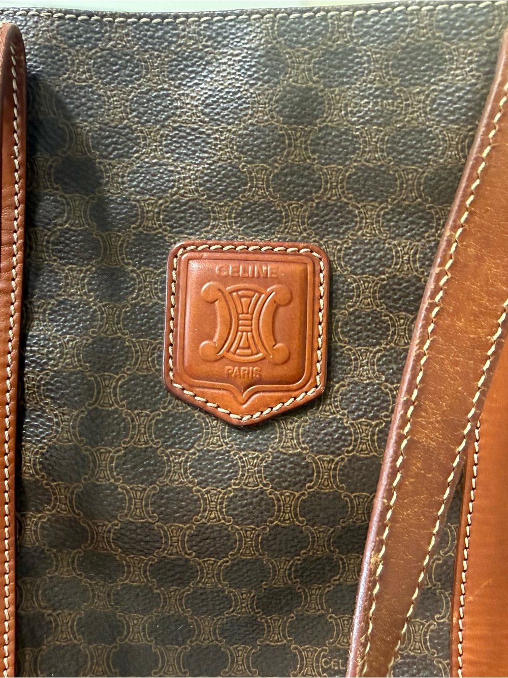 Celine Brown Monogram Canvas tote with Tan Leather Trim. Medium size.